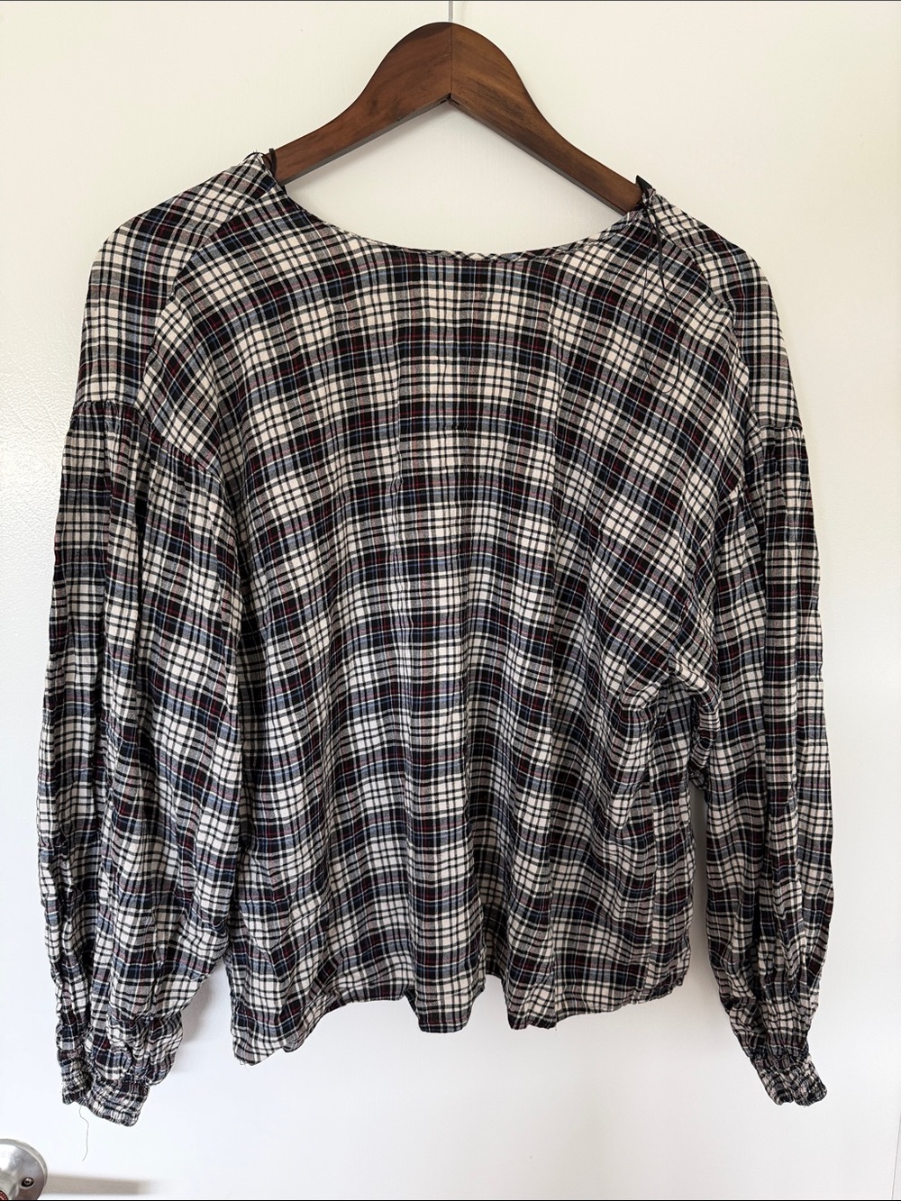 Zara Plaid Long Sleeve Blouse in Black, White & Red